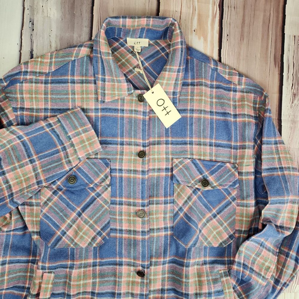 Ott Womens L Flannel Shirt Plaid Shacket‎ Pastel Blue Pink Button Up Pockets NWT